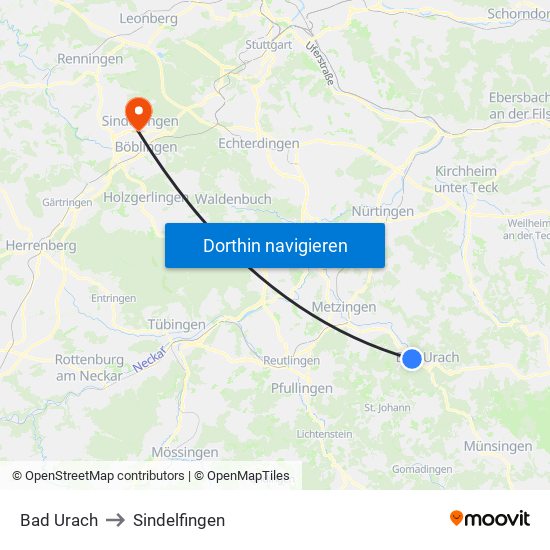 Bad Urach to Sindelfingen map