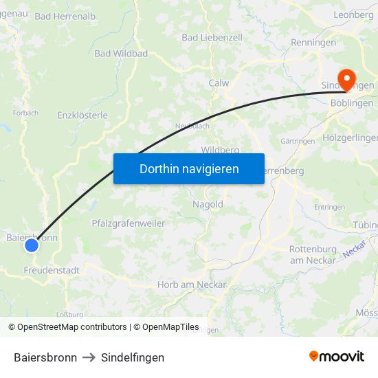 Baiersbronn to Sindelfingen map
