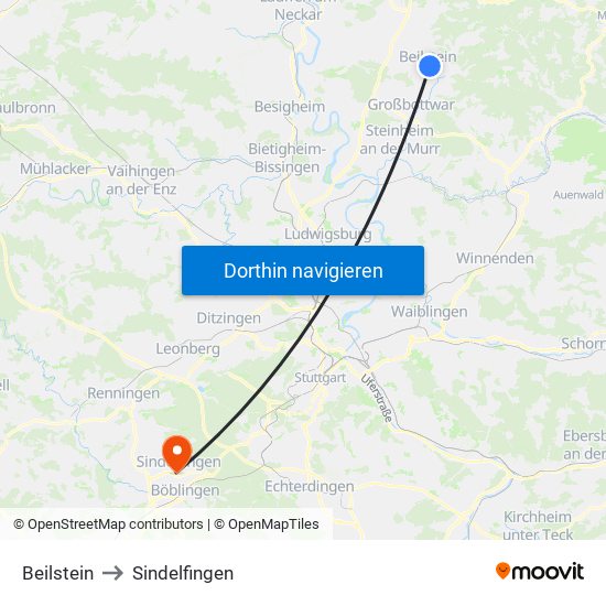 Beilstein to Sindelfingen map
