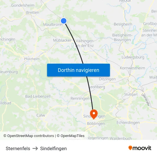 Sternenfels to Sindelfingen map