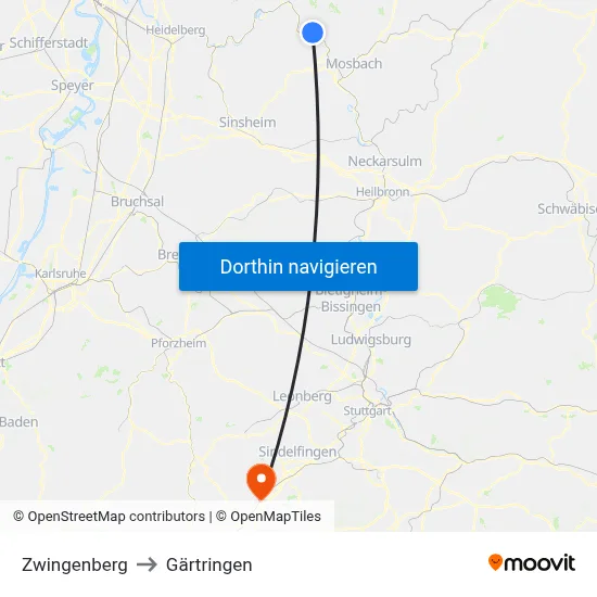 Zwingenberg to Gärtringen map
