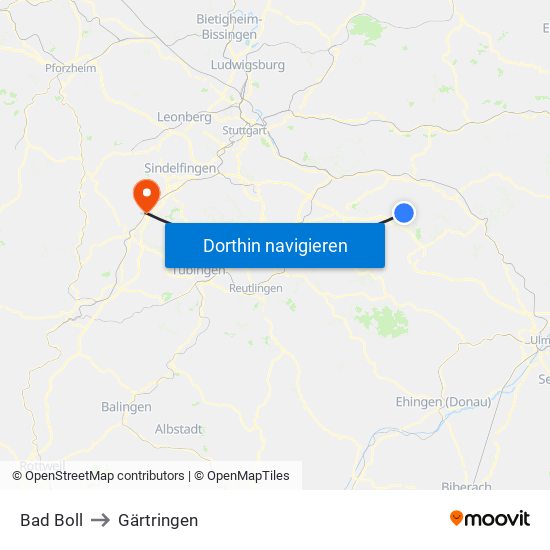 Bad Boll to Gärtringen map