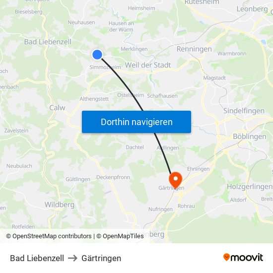 Bad Liebenzell to Gärtringen map