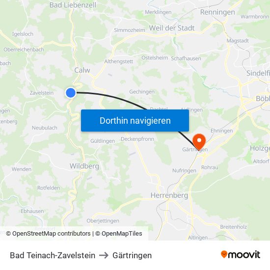 Bad Teinach-Zavelstein to Gärtringen map