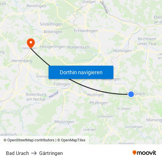 Bad Urach to Gärtringen map