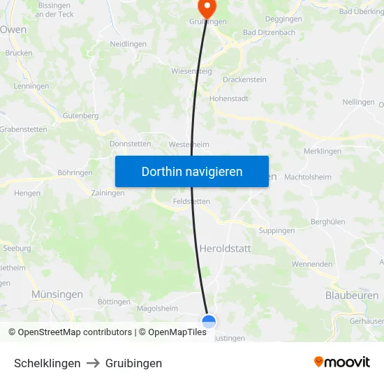 Schelklingen to Gruibingen map