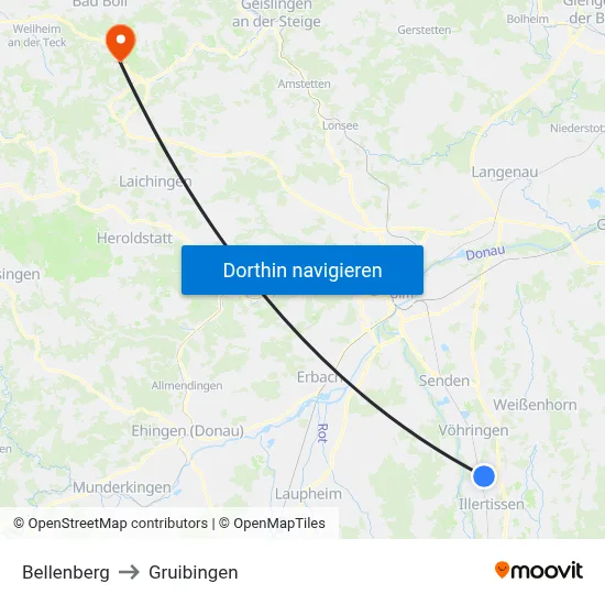 Bellenberg to Gruibingen map