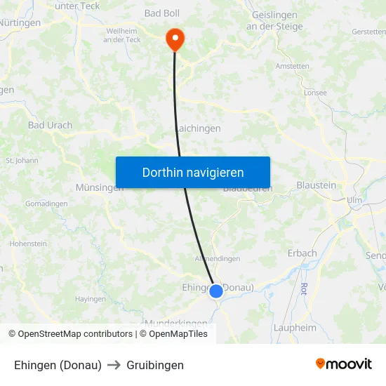 Ehingen (Donau) to Gruibingen map