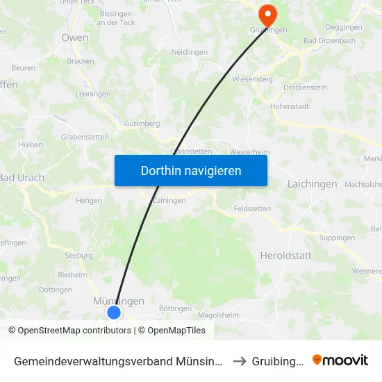 Gemeindeverwaltungsverband Münsingen to Gruibingen map