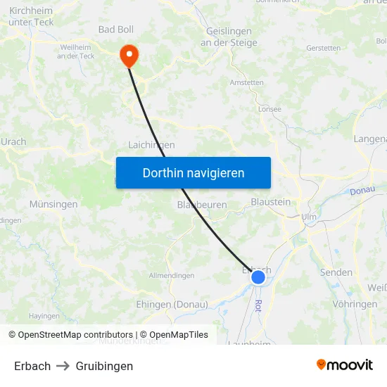 Erbach to Gruibingen map