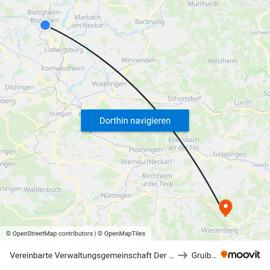 Vereinbarte Verwaltungsgemeinschaft Der Stadt Bietigheim-Bissingen to Gruibingen map