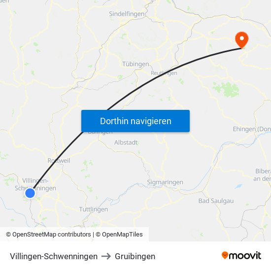 Villingen-Schwenningen to Gruibingen map