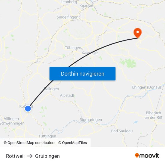 Rottweil to Gruibingen map