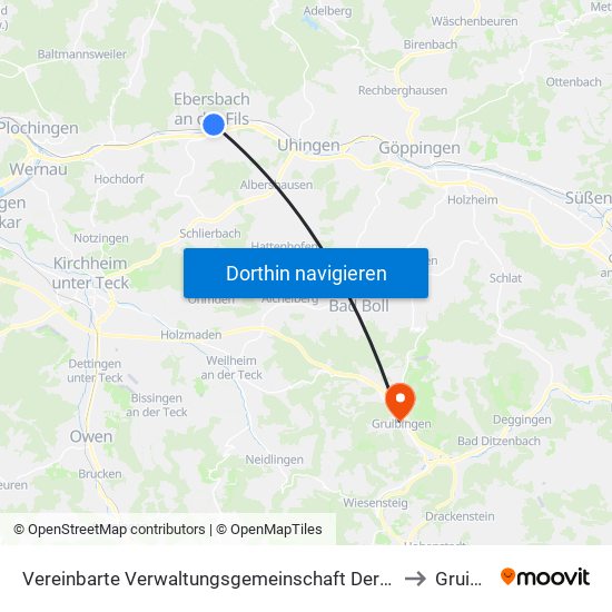 Vereinbarte Verwaltungsgemeinschaft Der Stadt Ebersbach An Der Fils to Gruibingen map