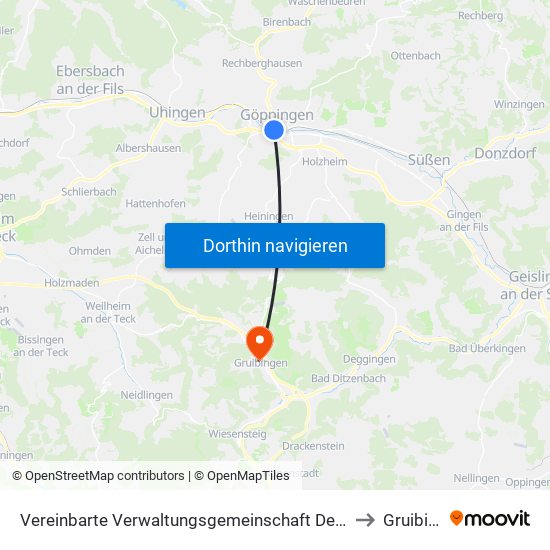 Vereinbarte Verwaltungsgemeinschaft Der Stadt Göppingen to Gruibingen map