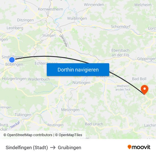 Sindelfingen (Stadt) to Gruibingen map
