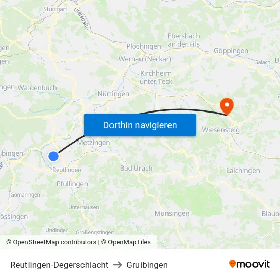 Reutlingen-Degerschlacht to Gruibingen map