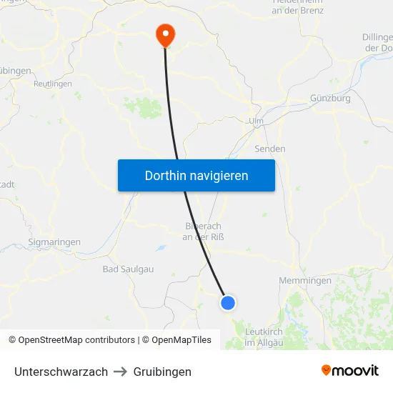 Unterschwarzach to Gruibingen map