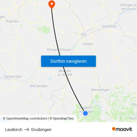 Leutkirch to Gruibingen map