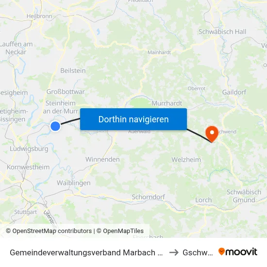 Gemeindeverwaltungsverband Marbach am Neckar to Gschwend map