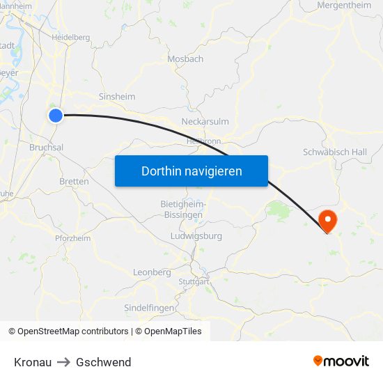 Kronau to Gschwend map