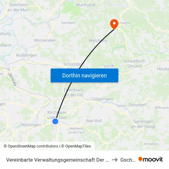 Vereinbarte Verwaltungsgemeinschaft Der Stadt Kirchheim Unter Teck to Gschwend map