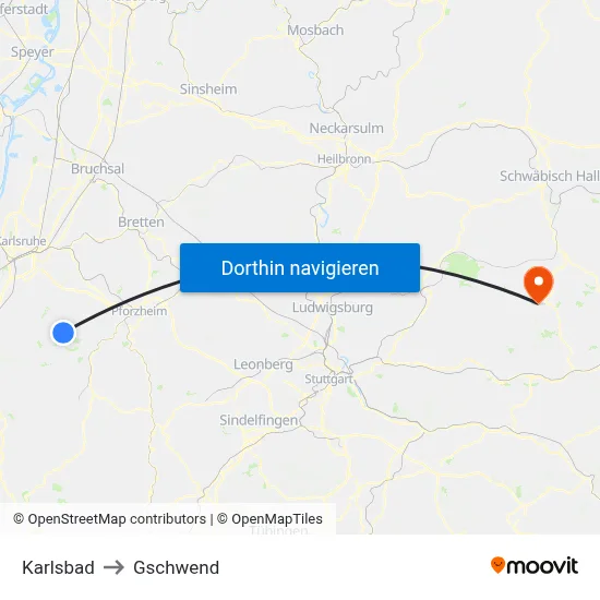 Karlsbad to Gschwend map