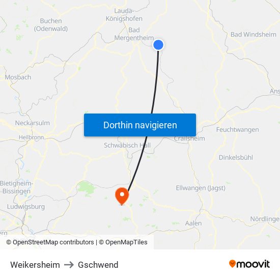 Weikersheim to Gschwend map