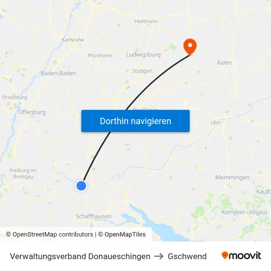Verwaltungsverband Donaueschingen to Gschwend map