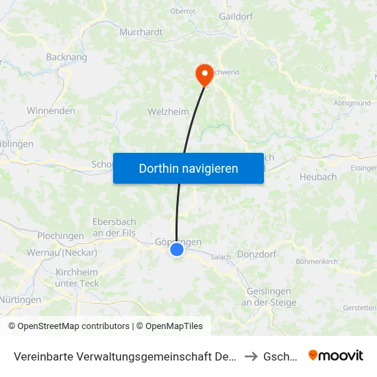 Vereinbarte Verwaltungsgemeinschaft Der Stadt Göppingen to Gschwend map