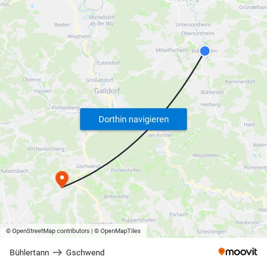 Bühlertann to Gschwend map