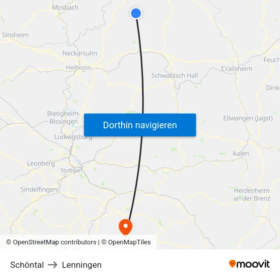 Schöntal to Lenningen map
