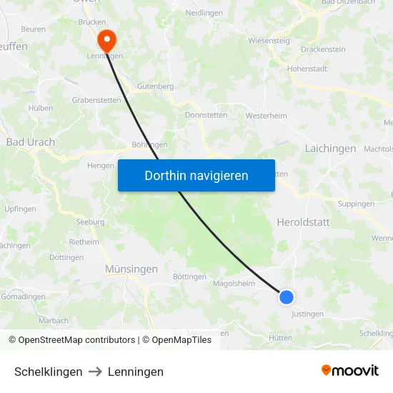 Schelklingen to Lenningen map