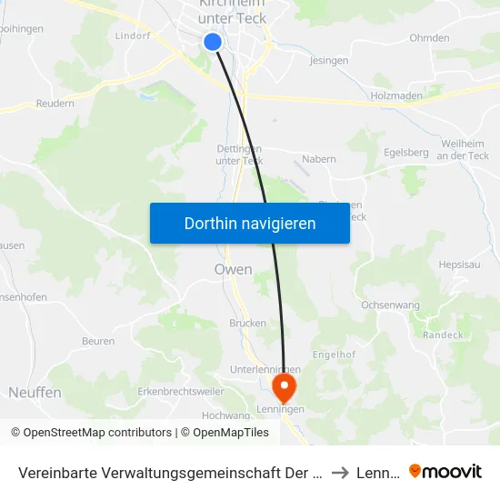 Vereinbarte Verwaltungsgemeinschaft Der Stadt Kirchheim Unter Teck to Lenningen map