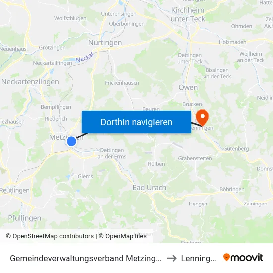 Gemeindeverwaltungsverband Metzingen to Lenningen map