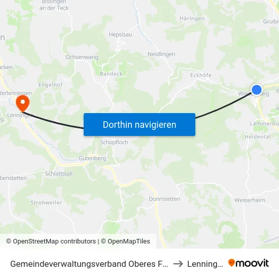 Gemeindeverwaltungsverband Oberes Filstal to Lenningen map