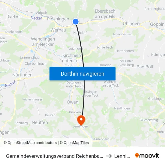Gemeindeverwaltungsverband Reichenbach An Der Fils to Lenningen map