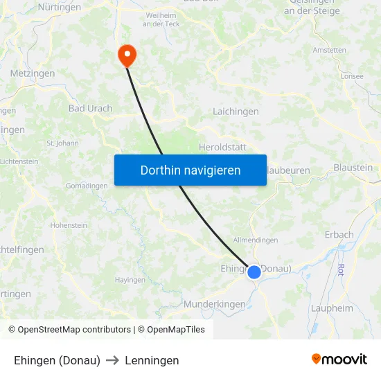 Ehingen (Donau) to Lenningen map
