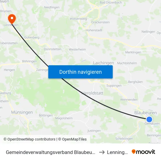 Gemeindeverwaltungsverband Blaubeuren to Lenningen map