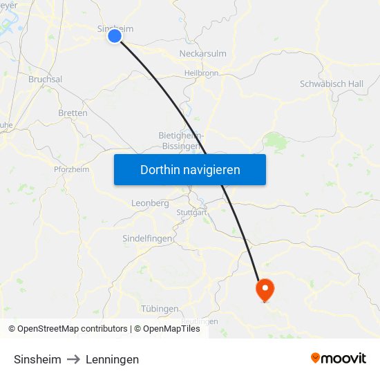 Sinsheim to Lenningen map