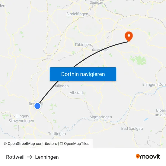 Rottweil to Lenningen map