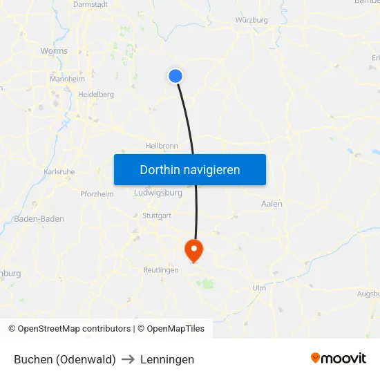 Buchen (Odenwald) to Lenningen map