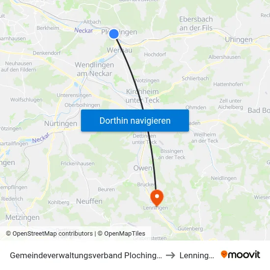Gemeindeverwaltungsverband Plochingen to Lenningen map