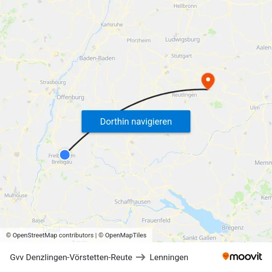 Gvv Denzlingen-Vörstetten-Reute to Lenningen map