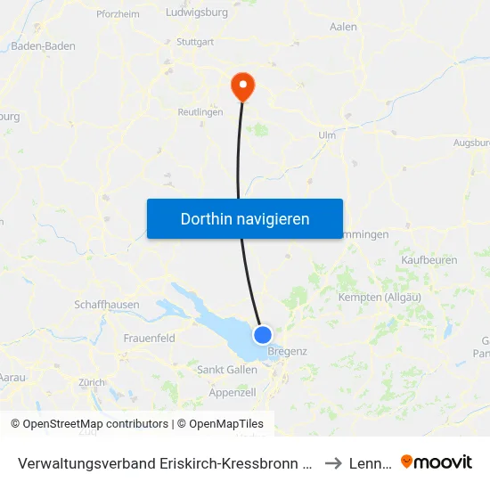 Verwaltungsverband Eriskirch-Kressbronn am Bodensee-Langenargen to Lenningen map