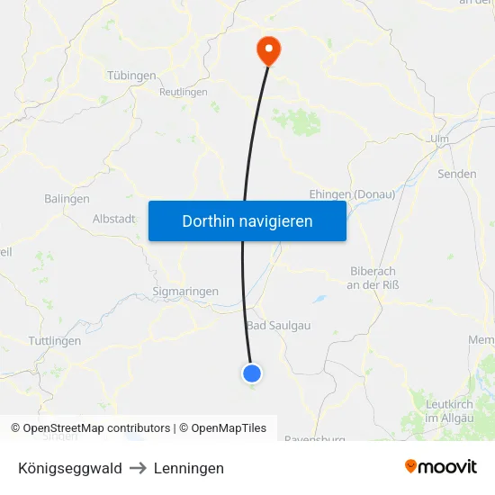 Königseggwald to Lenningen map