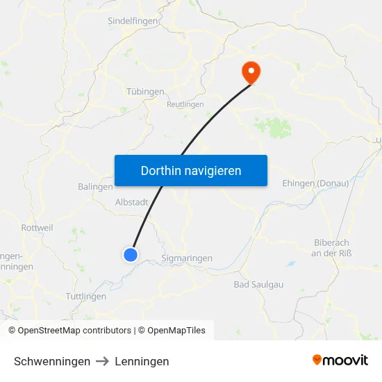 Schwenningen to Lenningen map