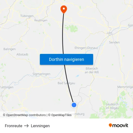 Fronreute to Lenningen map