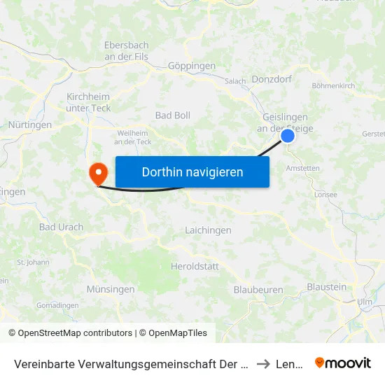 Vereinbarte Verwaltungsgemeinschaft Der Stadt Geislingen An Der Steige to Lenningen map