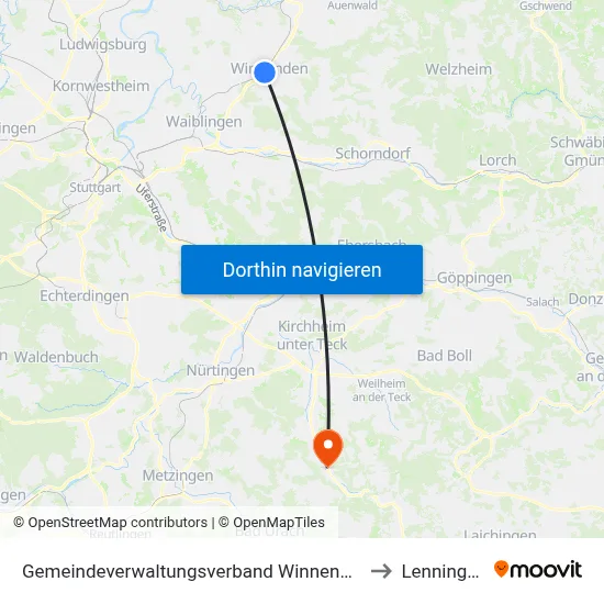 Gemeindeverwaltungsverband Winnenden to Lenningen map